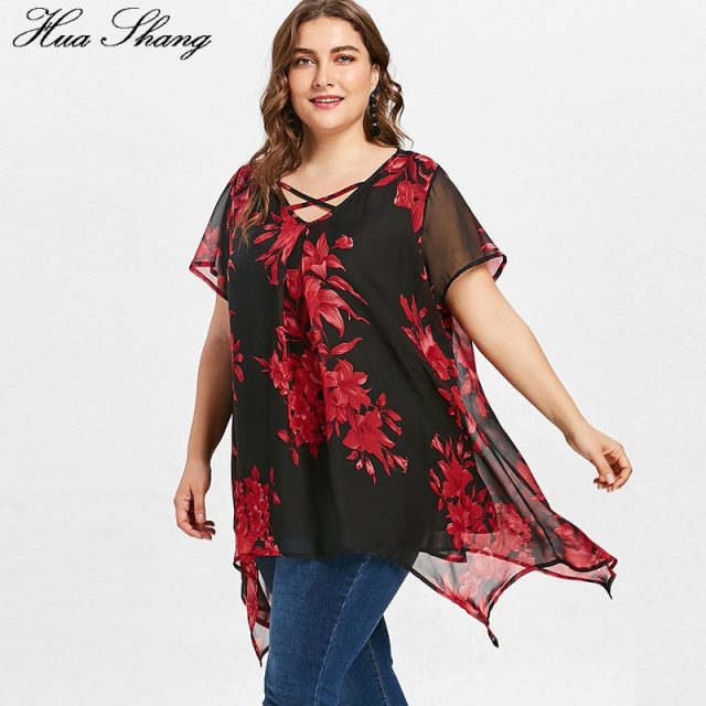 Womens Tops And Blouses Plus Size Women Clothing V Neck Short Sleeve Floral Boho Blouse Chiffon Irregular Ladies Tunic Tops