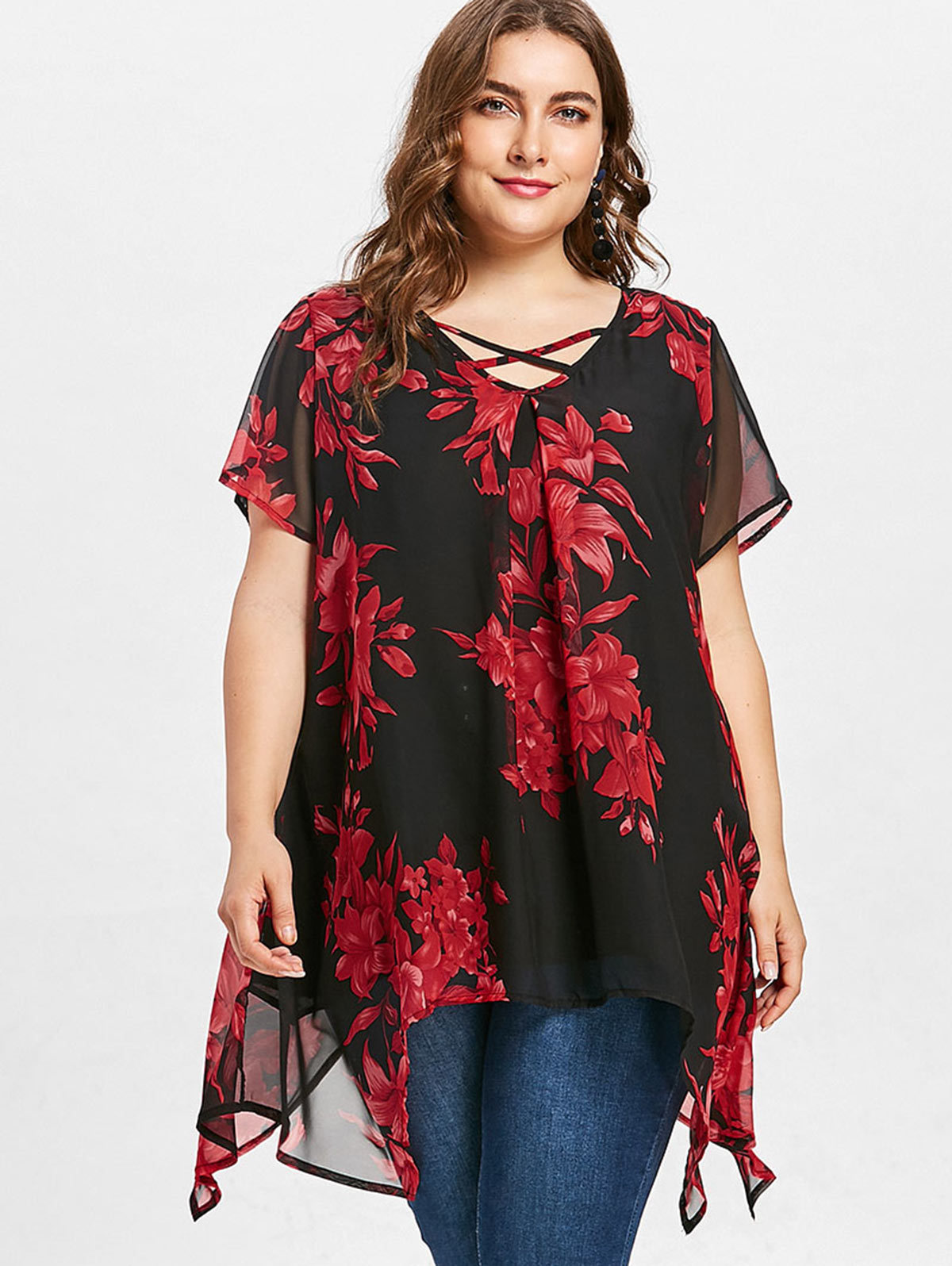 Womens Tops And Blouses Plus Size Women Clothing V Neck Short Sleeve Floral Boho Blouse Chiffon Irregular Ladies Tunic Tops