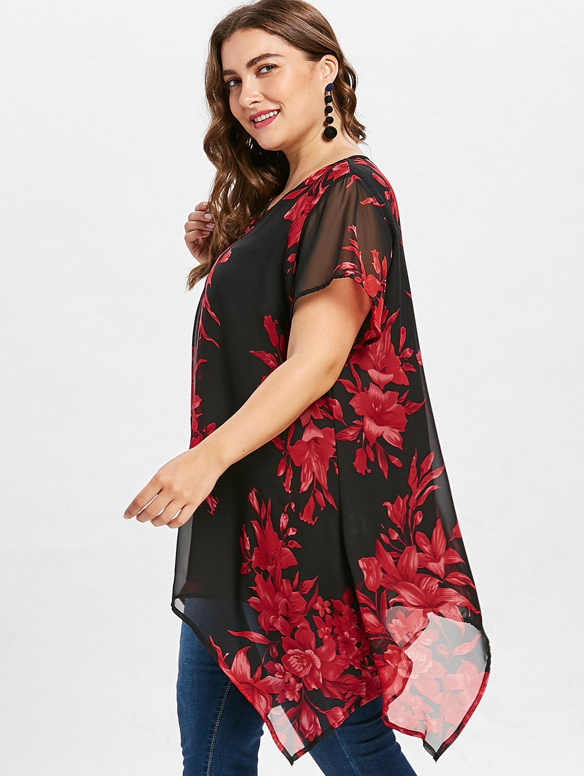 Womens Tops And Blouses Plus Size Women Clothing V Neck Short Sleeve Floral Boho Blouse Chiffon Irregular Ladies Tunic Tops