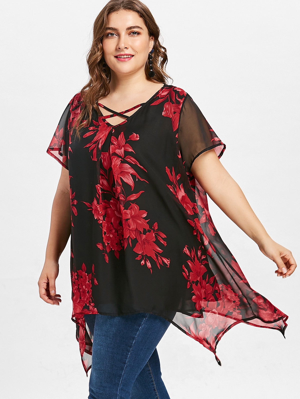 Womens Tops And Blouses Plus Size Women Clothing V Neck Short Sleeve Floral Boho Blouse Chiffon Irregular Ladies Tunic Tops