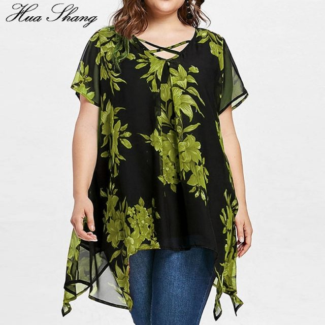 Womens Tops And Blouses Plus Size Women Clothing V Neck Short Sleeve Floral Boho Blouse Chiffon Irregular Ladies Tunic Tops