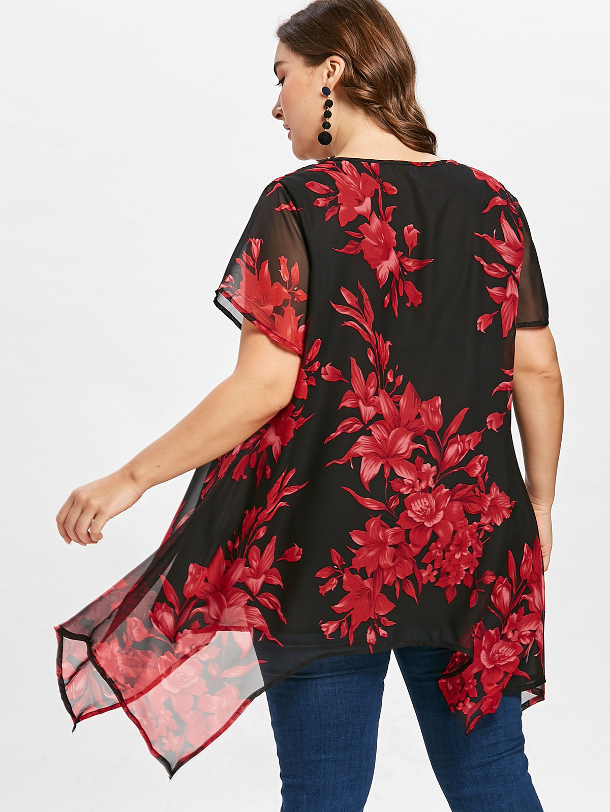 Womens Tops And Blouses Plus Size Women Clothing V Neck Short Sleeve Floral Boho Blouse Chiffon Irregular Ladies Tunic Tops