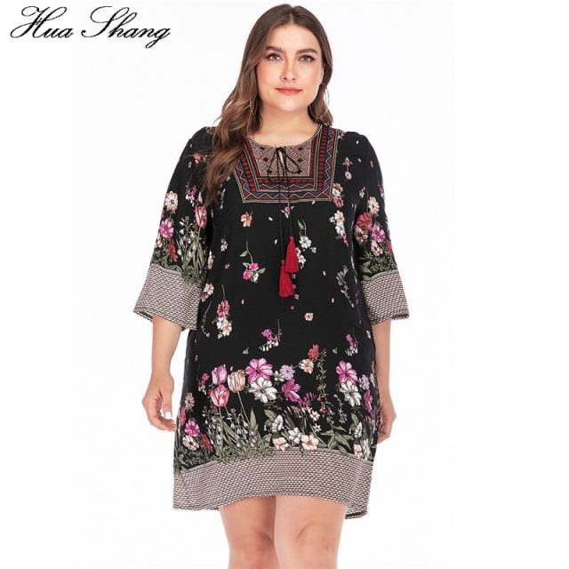 Plus Size Summer Dress 2019 Women Embroidery O Neck Floral Print Short Mini Dress Casual Loose Ladies Tunic Beach Dresses