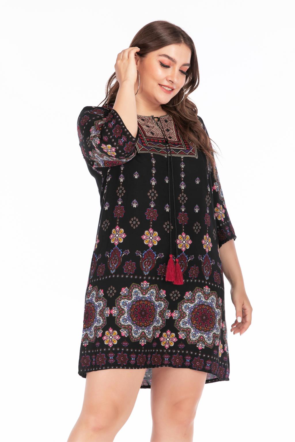 Plus Size Summer Dress 2019 Women Embroidery O Neck Floral Print Short Mini Dress Casual Loose Ladies Tunic Beach Dresses