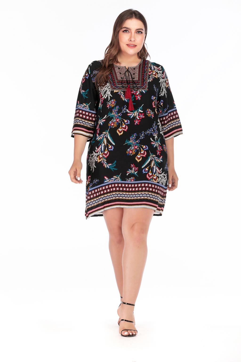 Plus Size Summer Dress 2019 Women Embroidery O Neck Floral Print Short Mini Dress Casual Loose Ladies Tunic Beach Dresses