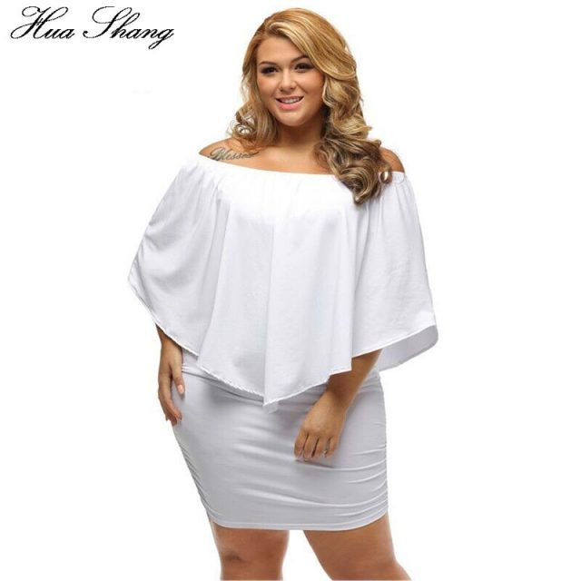 Hua Shang Women Summer Off Shoulder Dress Elegant Slash Neck Ruffles Slim Bodycon Party Dress Female Plus Size Women Clothing