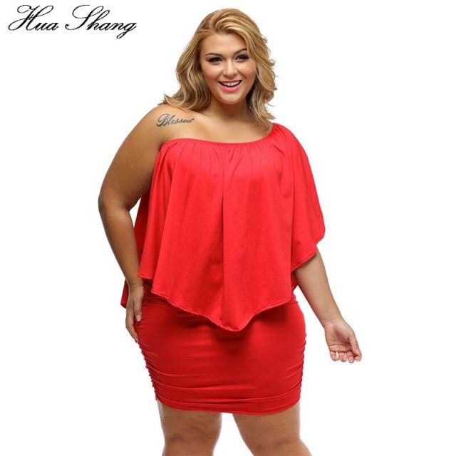 Hua Shang Women Summer Off Shoulder Dress Elegant Slash Neck Ruffles Slim Bodycon Party Dress Female Plus Size Women Clothing