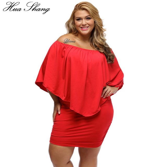 Hua Shang Women Summer Off Shoulder Dress Elegant Slash Neck Ruffles Slim Bodycon Party Dress Female Plus Size Women Clothing