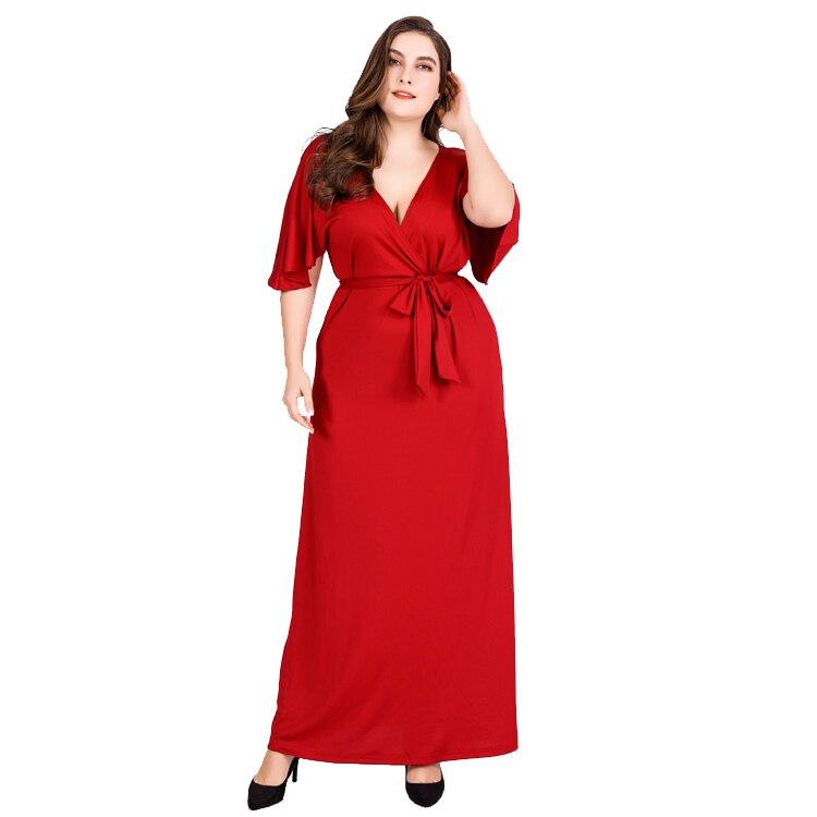 Red Party Dresses For Fat Women Summer Deep V Neck Ruffles Short Sleeve Sexy Long Dress 4xl 5xl 6xl Plus Size Women Clothing