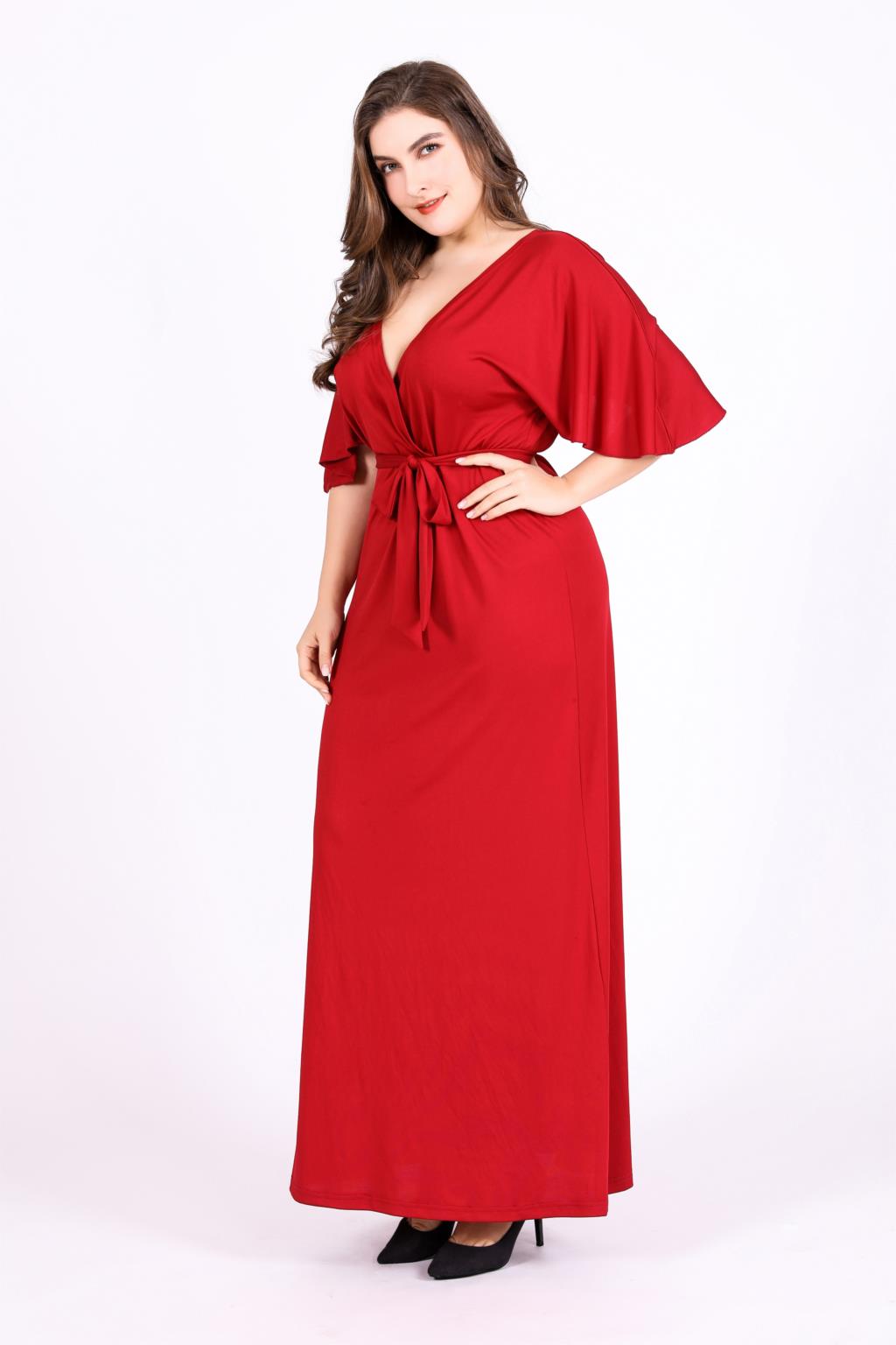 Red Party Dresses For Fat Women Summer Deep V Neck Ruffles Short Sleeve Sexy Long Dress 4xl 5xl 6xl Plus Size Women Clothing