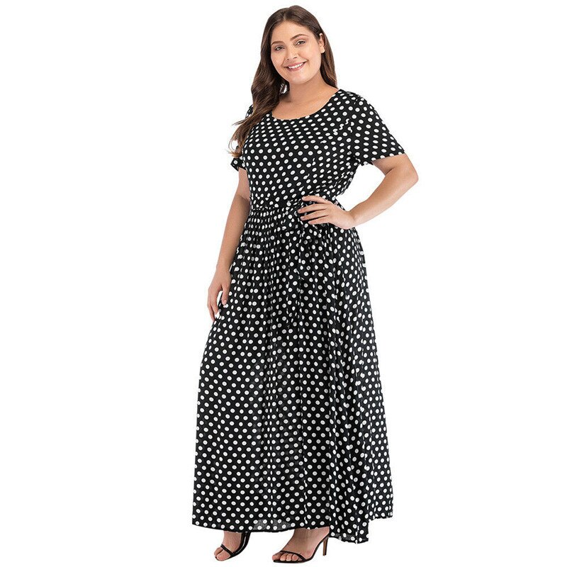 Plus Size Dress Women Summer Short Sleeve Polka Dot Print Boho Beach Dresses Belted Ladies Tunic Loose Oversized Maxi Long Dress