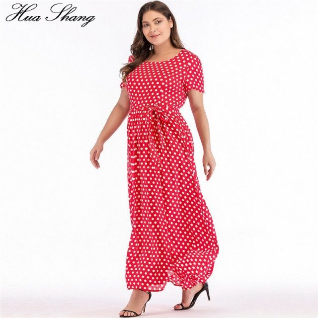 Plus Size Dress Women Summer Short Sleeve Polka Dot Print Boho Beach Dresses Belted Ladies Tunic Loose Oversized Maxi Long Dress
