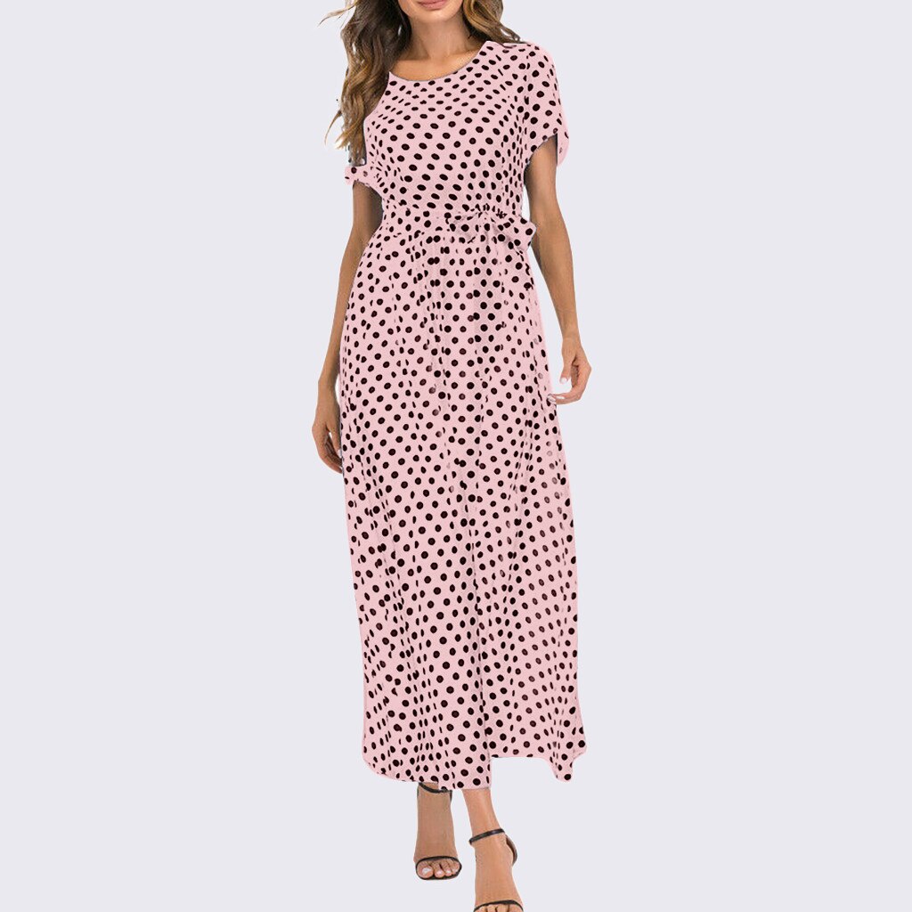 Plus Size Dress Women Summer Short Sleeve Polka Dot Print Boho Beach Dresses Belted Ladies Tunic Loose Oversized Maxi Long Dress