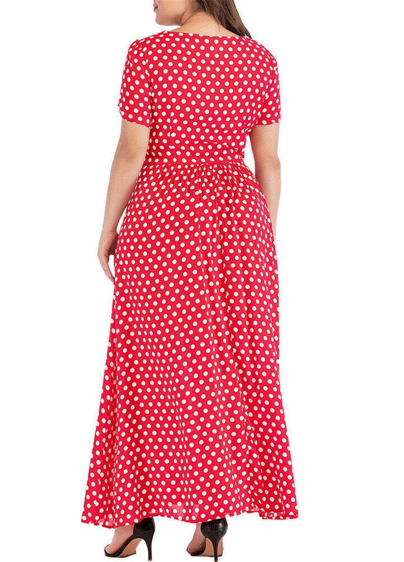 Plus Size Dress Women Summer Short Sleeve Polka Dot Print Boho Beach Dresses Belted Ladies Tunic Loose Oversized Maxi Long Dress