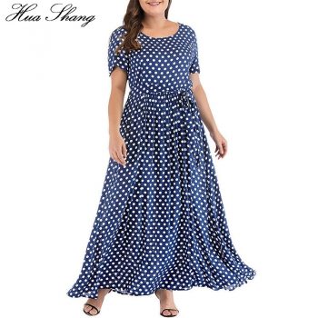 Plus Size Dress Women Summer Short Sleeve Polka Dot Print Boho Beach Dresses Belted Ladies Tunic Loose Oversized Maxi Long Dress