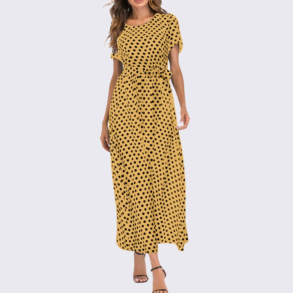 Plus Size Dress Women Summer Short Sleeve Polka Dot Print Boho Beach Dresses Belted Ladies Tunic Loose Oversized Maxi Long Dress