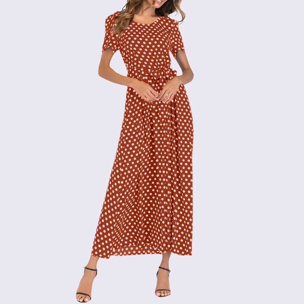 Plus Size Dress Women Summer Short Sleeve Polka Dot Print Boho Beach Dresses Belted Ladies Tunic Loose Oversized Maxi Long Dress