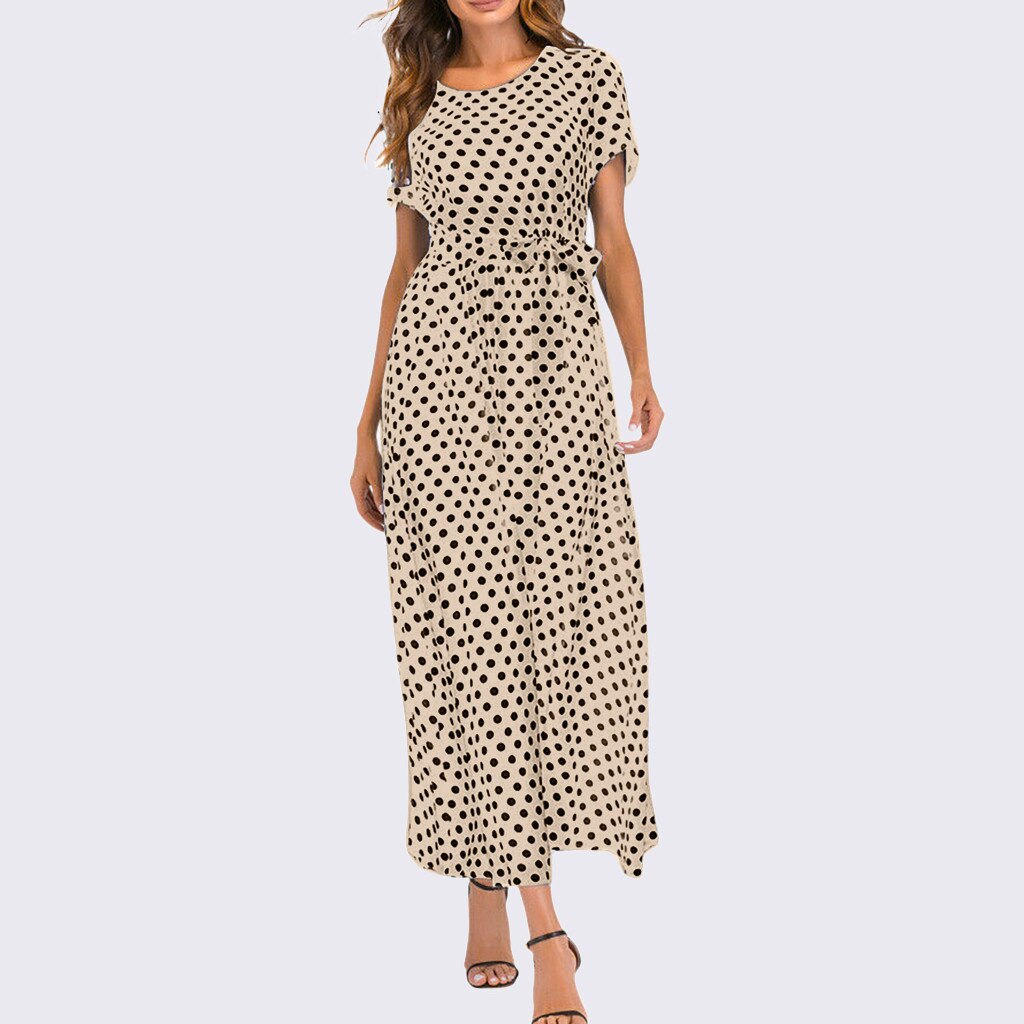 Plus Size Dress Women Summer Short Sleeve Polka Dot Print Boho Beach Dresses Belted Ladies Tunic Loose Oversized Maxi Long Dress