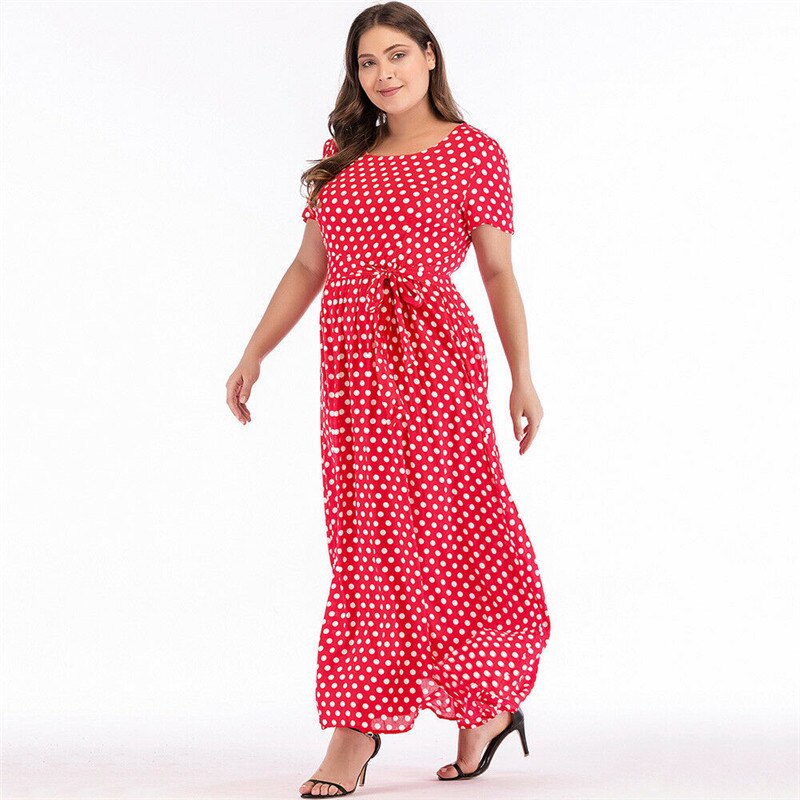 Plus Size Dress Women Summer Short Sleeve Polka Dot Print Boho Beach Dresses Belted Ladies Tunic Loose Oversized Maxi Long Dress