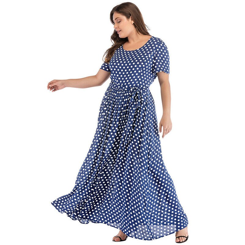 Plus Size Dress Women Summer Short Sleeve Polka Dot Print Boho Beach Dresses Belted Ladies Tunic Loose Oversized Maxi Long Dress