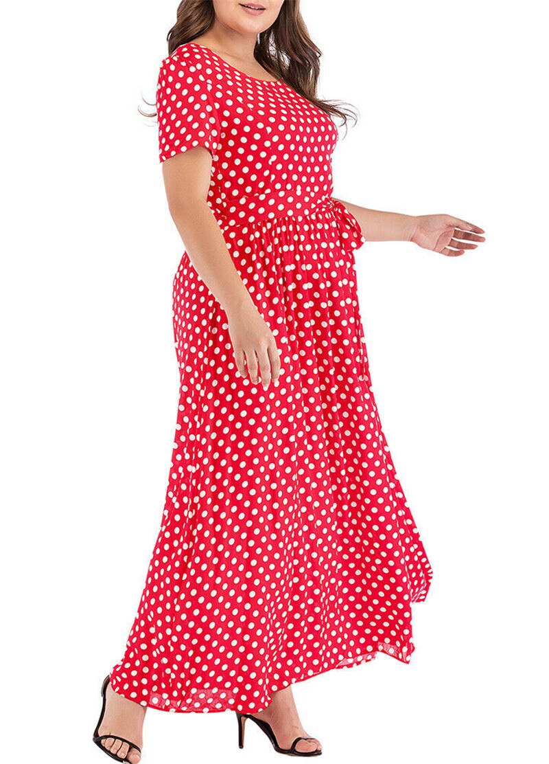 Plus Size Dress Women Summer Short Sleeve Polka Dot Print Boho Beach Dresses Belted Ladies Tunic Loose Oversized Maxi Long Dress