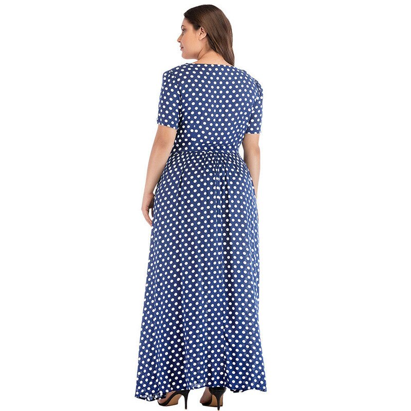 Plus Size Dress Women Summer Short Sleeve Polka Dot Print Boho Beach Dresses Belted Ladies Tunic Loose Oversized Maxi Long Dress