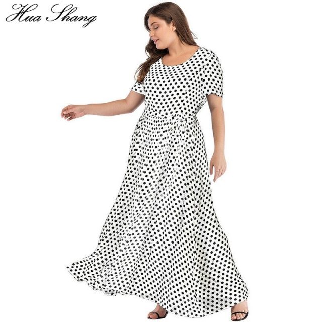 Plus Size Dress Women Summer Short Sleeve Polka Dot Print Boho Beach Dresses Belted Ladies Tunic Loose Oversized Maxi Long Dress