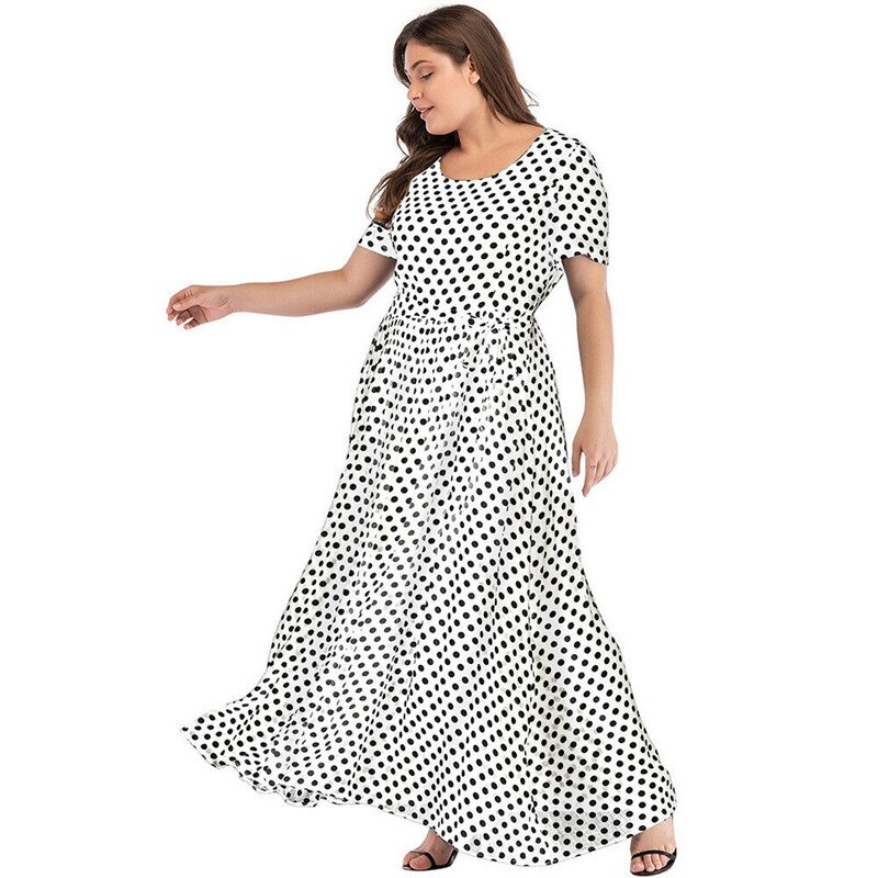 Plus Size Dress Women Summer Short Sleeve Polka Dot Print Boho Beach Dresses Belted Ladies Tunic Loose Oversized Maxi Long Dress