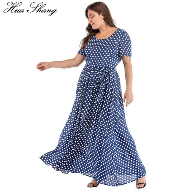 Plus Size Dress Women Summer Short Sleeve Polka Dot Print Boho Beach Dresses Belted Ladies Tunic Loose Oversized Maxi Long Dress