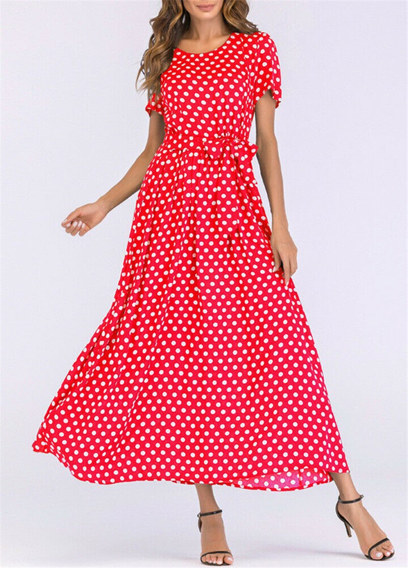 Plus Size Dress Women Summer Short Sleeve Polka Dot Print Boho Beach Dresses Belted Ladies Tunic Loose Oversized Maxi Long Dress