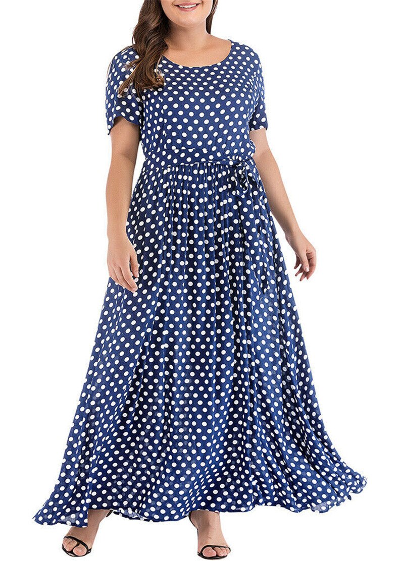 Plus Size Dress Women Summer Short Sleeve Polka Dot Print Boho Beach Dresses Belted Ladies Tunic Loose Oversized Maxi Long Dress