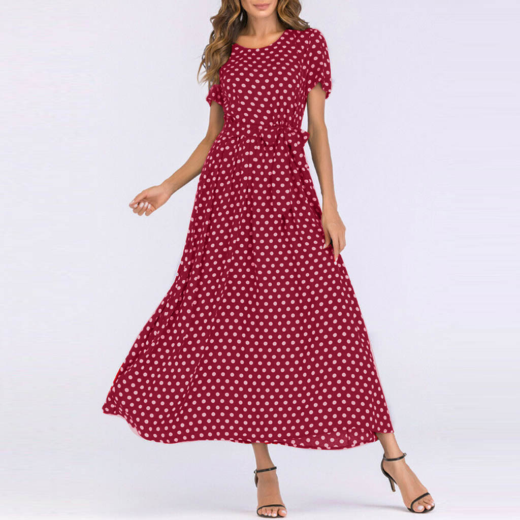 Plus Size Dress Women Summer Short Sleeve Polka Dot Print Boho Beach Dresses Belted Ladies Tunic Loose Oversized Maxi Long Dress