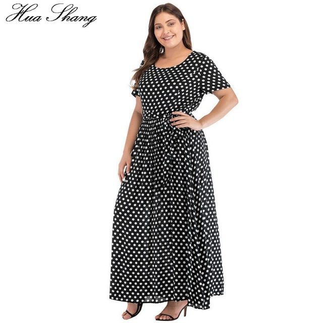 Plus Size Dress Women Summer Short Sleeve Polka Dot Print Boho Beach Dresses Belted Ladies Tunic Loose Oversized Maxi Long Dress