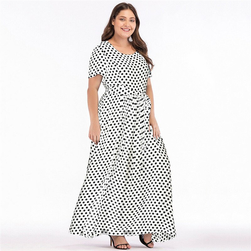 Plus Size Dress Women Summer Short Sleeve Polka Dot Print Boho Beach Dresses Belted Ladies Tunic Loose Oversized Maxi Long Dress