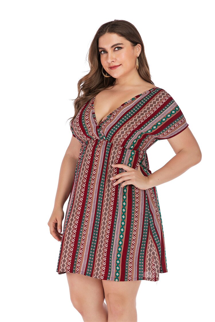 Retro Printing Beach Dress Plus Size Women Summer V Neck Short Sleeve Striped Floral Print Boho Dress Backless Sexy Mini Dresses Retro Printing Beach Dress Plus Size Women Summer V Neck Short Sleeve Striped Floral Print Boho Dress Backless Sexy Mini Dresses