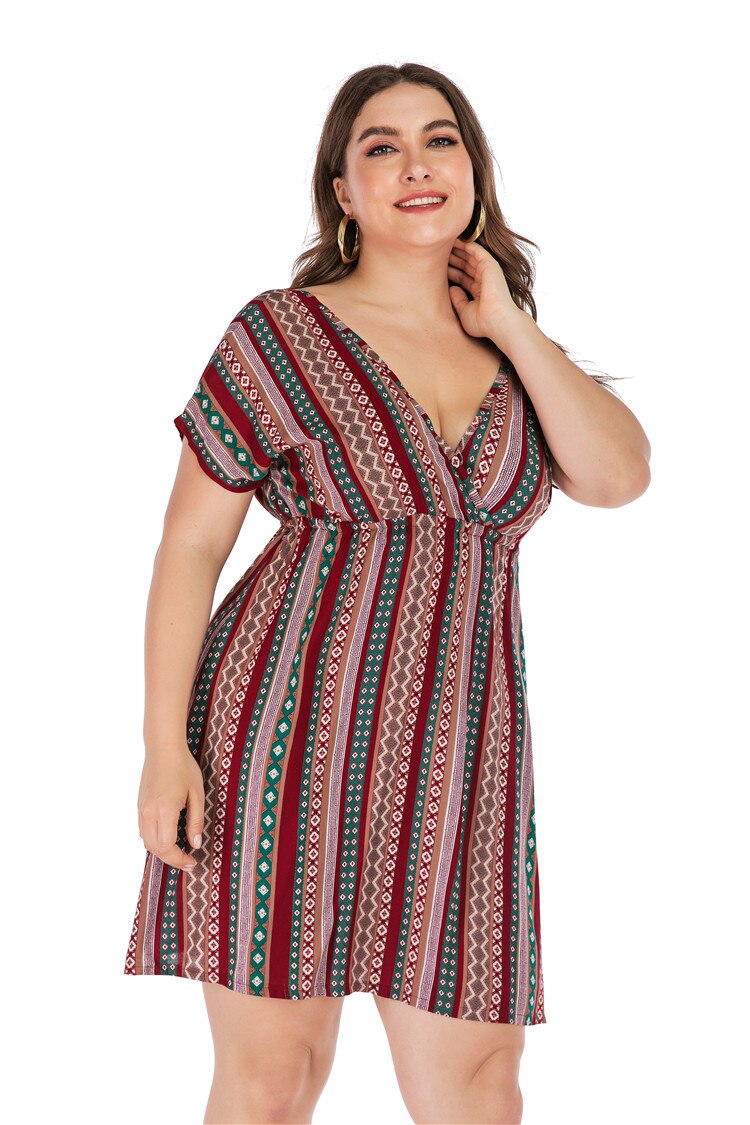 Retro Printing Beach Dress Plus Size Women Summer V Neck Short Sleeve Striped Floral Print Boho Dress Backless Sexy Mini Dresses Retro Printing Beach Dress Plus Size Women Summer V Neck Short Sleeve Striped Floral Print Boho Dress Backless Sexy Mini Dresses