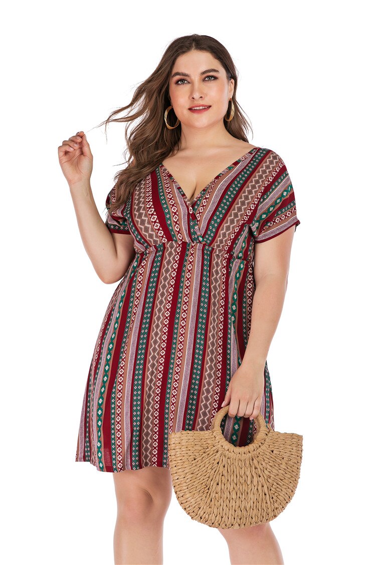 Retro Printing Beach Dress Plus Size Women Summer V Neck Short Sleeve Striped Floral Print Boho Dress Backless Sexy Mini Dresses Retro Printing Beach Dress Plus Size Women Summer V Neck Short Sleeve Striped Floral Print Boho Dress Backless Sexy Mini Dresses