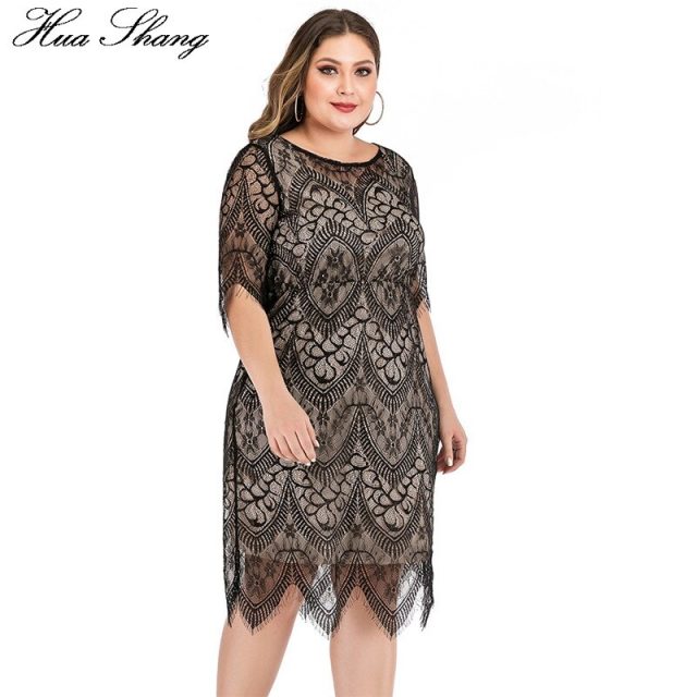 6XL Plus Size Lace Dress Women Summer O Neck Half Sleeve Lace Floral Midi Dress Knee Length Ladies Slim Bodycon Pencil Dresses