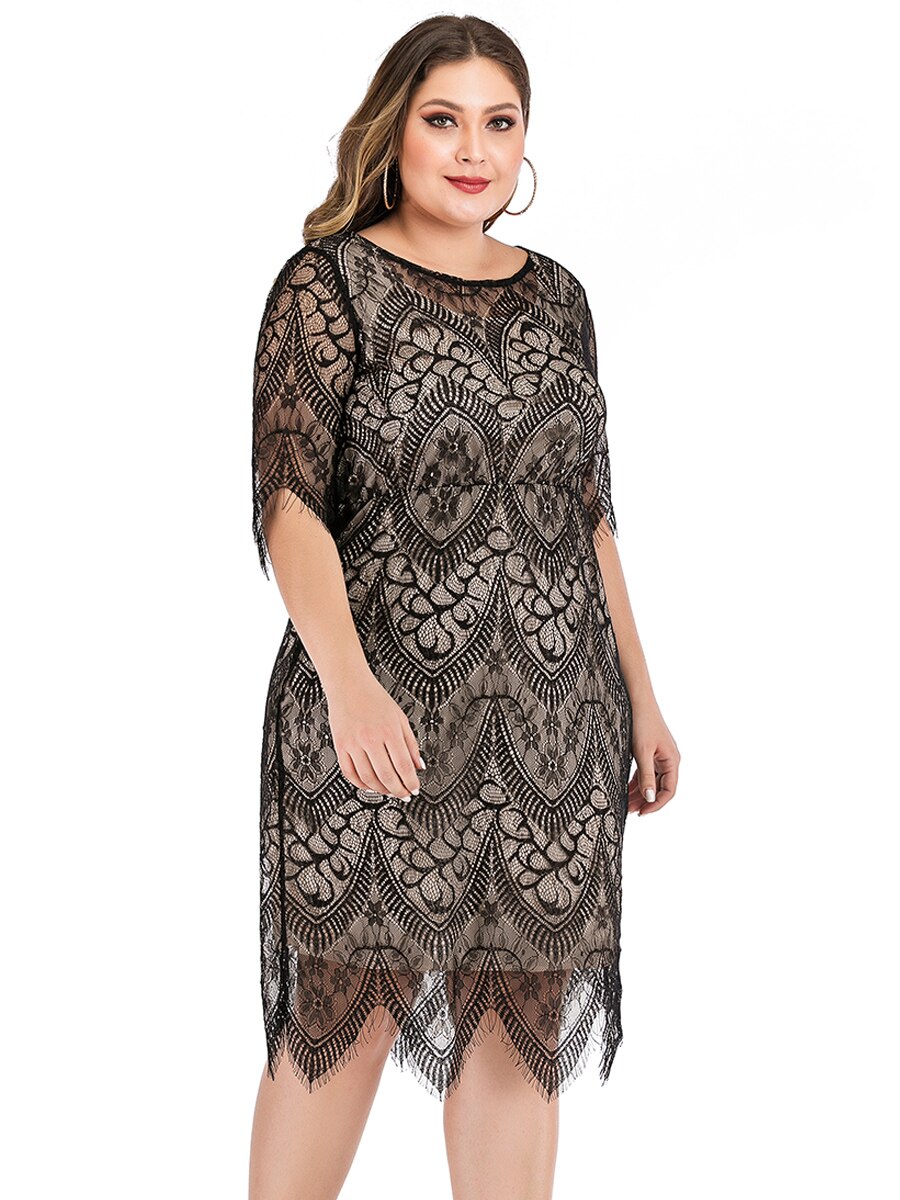 6XL Plus Size Lace Dress Women Summer O Neck Half Sleeve Lace Floral Midi Dress Knee Length Ladies Slim Bodycon Pencil Dresses