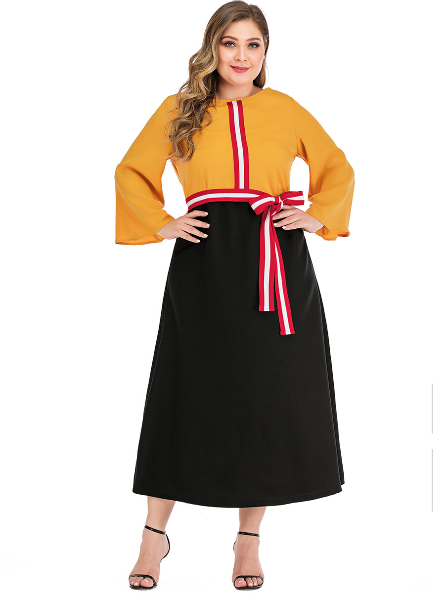 Long Sleeve Dress Women Summer O Neck Flare Sleeve Multicolor Elegant Dress Plus Size Belted Ladies Tunic Maxi Long Dresses