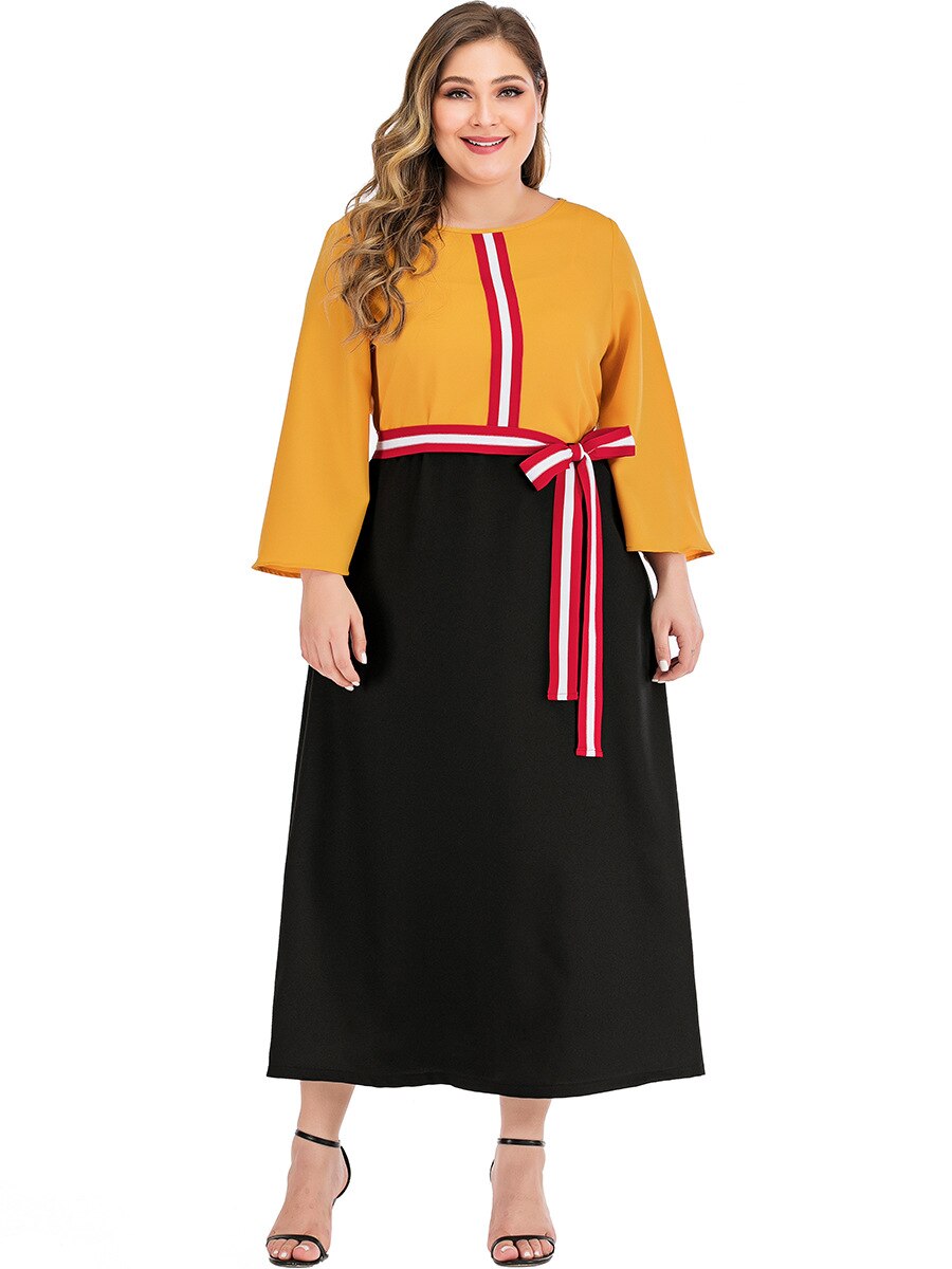 Long Sleeve Dress Women Summer O Neck Flare Sleeve Multicolor Elegant Dress Plus Size Belted Ladies Tunic Maxi Long Dresses
