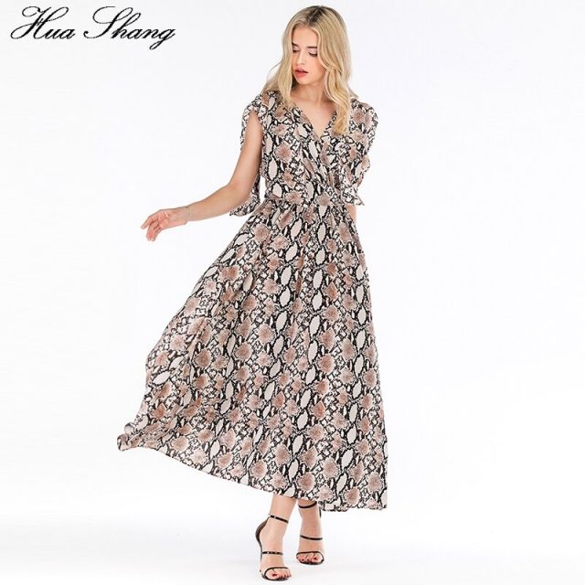 Snake Print Summer Dress Women 2019 Fashion Streetwear V Neck Sleeveless High Waist Long Boho Dress Backless Sexy Party Dresses