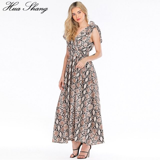 Snake Print Summer Dress Women 2019 Fashion Streetwear V Neck Sleeveless High Waist Long Boho Dress Backless Sexy Party Dresses