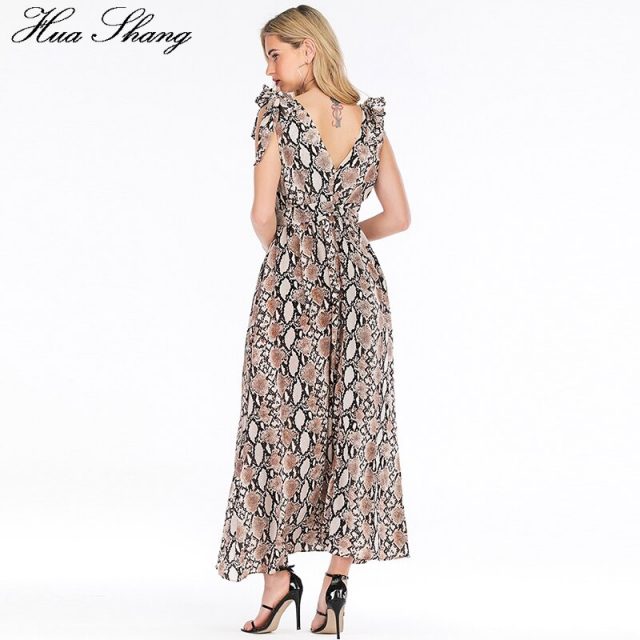 Snake Print Summer Dress Women 2019 Fashion Streetwear V Neck Sleeveless High Waist Long Boho Dress Backless Sexy Party Dresses