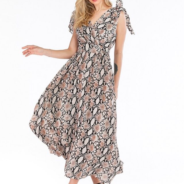 Snake Print Summer Dress Women 2019 Fashion Streetwear V Neck Sleeveless High Waist Long Boho Dress Backless Sexy Party Dresses