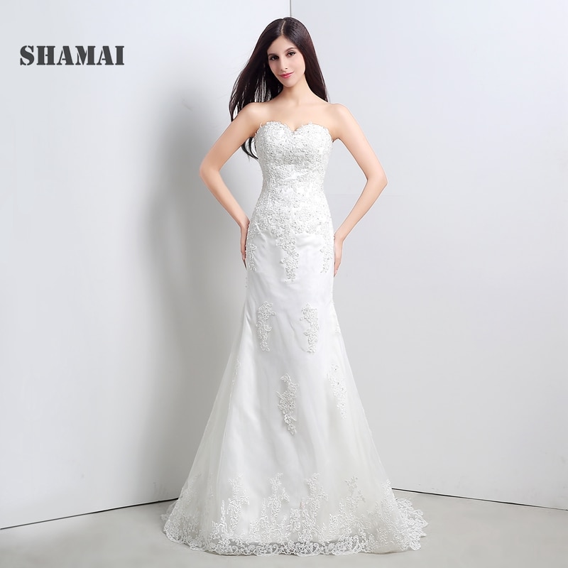 Simple White Wedding Dresses Mermaid In Stock Cheap Elegant Ivory Appliques Beading Bridal Wedding Gowns Floor Length Mermaid