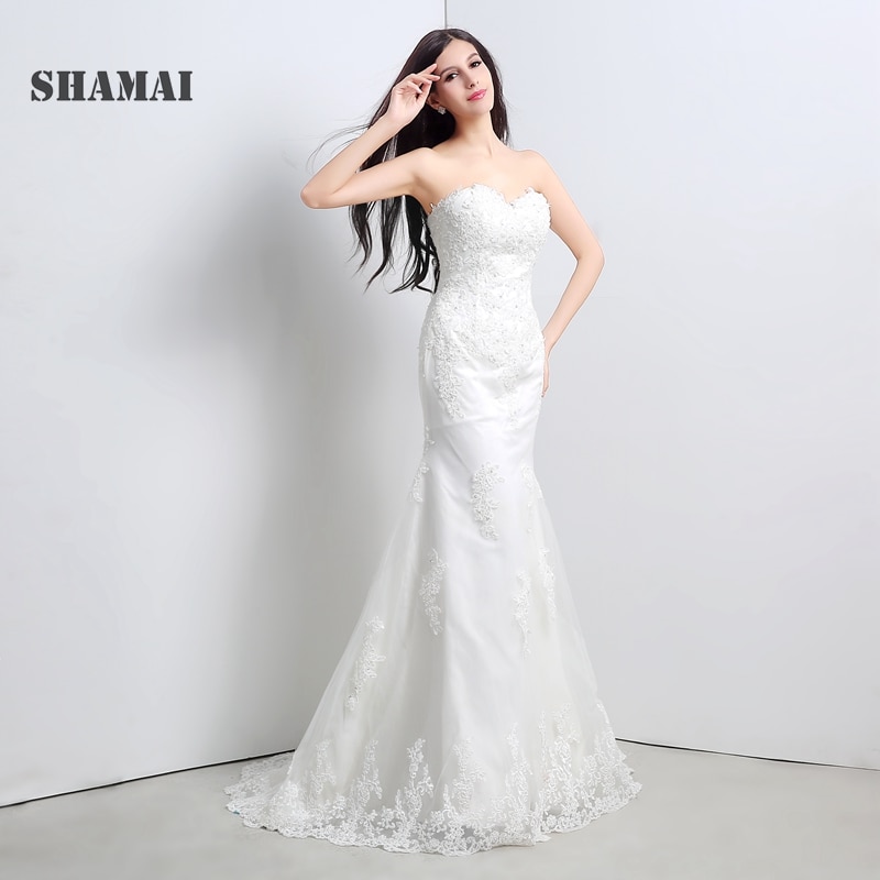 Simple White Wedding Dresses Mermaid In Stock Cheap Elegant Ivory Appliques Beading Bridal Wedding Gowns Floor Length Mermaid