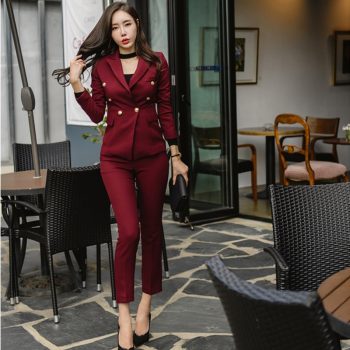 Sexy Wine Red Slim Style Women Pant Suits Slim Waist Buttons Blazer Jacket & Pencil Pant OL Style Women Set 2019 Spring