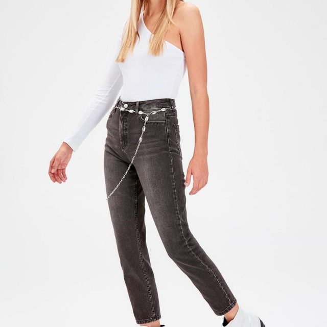 Trendyol Front Anthracite High Waist Button Super Mom Jeans TCLSS19NI0004