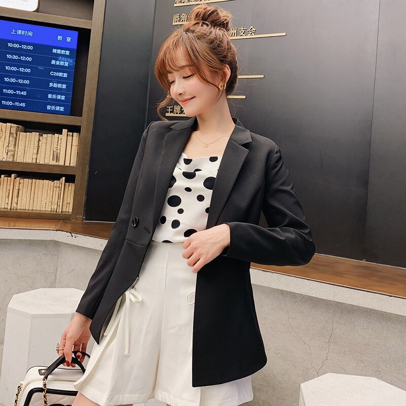 Brand Spring Autumn Slim Fit Women Formal Jackets Office Work Suit Open Front Notched Ladies Solid Black Coat Top Blazers Jacket